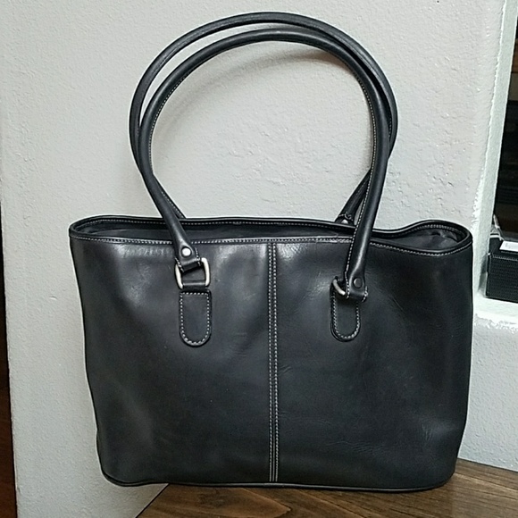 Levenger Black Leather Tote Handbag 10x14x3in - Picture 2 of 8